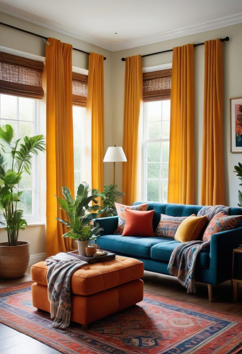A beautifully styled living room showcasing a harmonious blend of vibrant textiles and chic accessories. Include plush cushions, an elegantly patterned throw blanket draped over a cozy sofa, and artfully arranged curtains that flutter gently in a sunlit window. Add decorative elements like a stylish rug and indoor plants for a touch of freshness. The overall scene should exude warmth and inviting ambiance. super-realistic. vibrant colors. natural light.