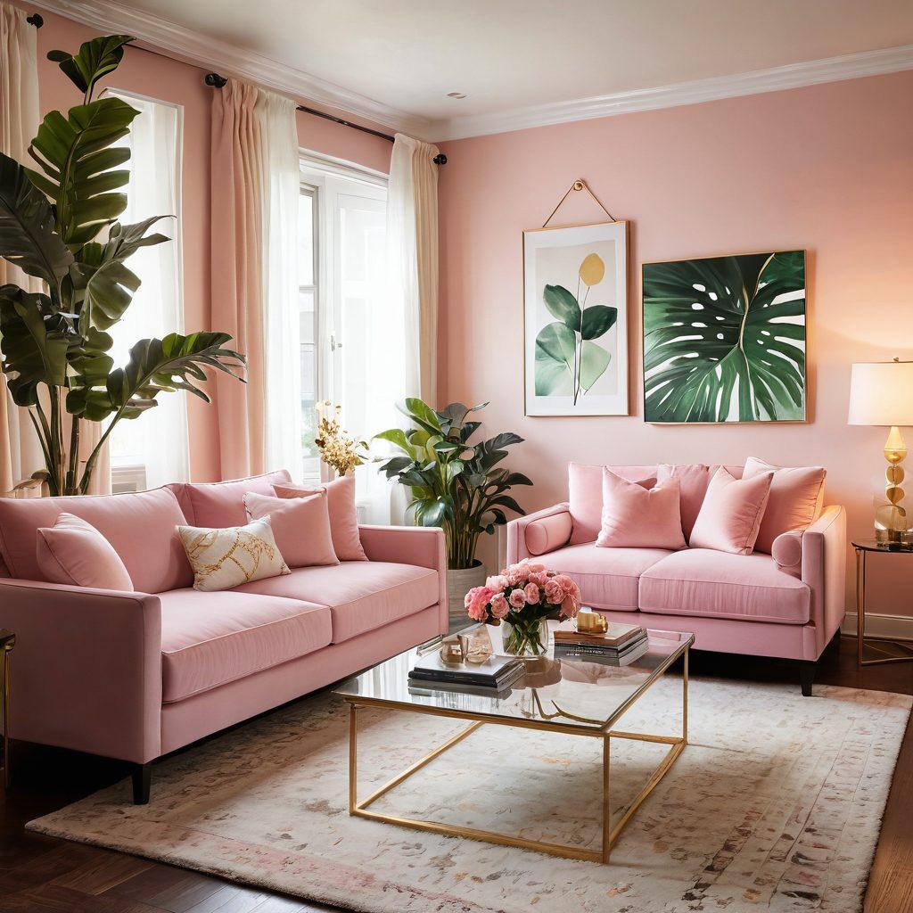 A cozy, modern living room filled with plush furniture and stylish decor that reflects romance and elegance. Soft, ambient lighting creates a warm atmosphere, while lush green plants add freshness. Consider unique design elements, such as a geometric coffee table and artistic wall art, to enhance the aesthetic. Add subtle hints of pink and gold for a romantic touch. super-realistic. vibrant colors. warm tones.