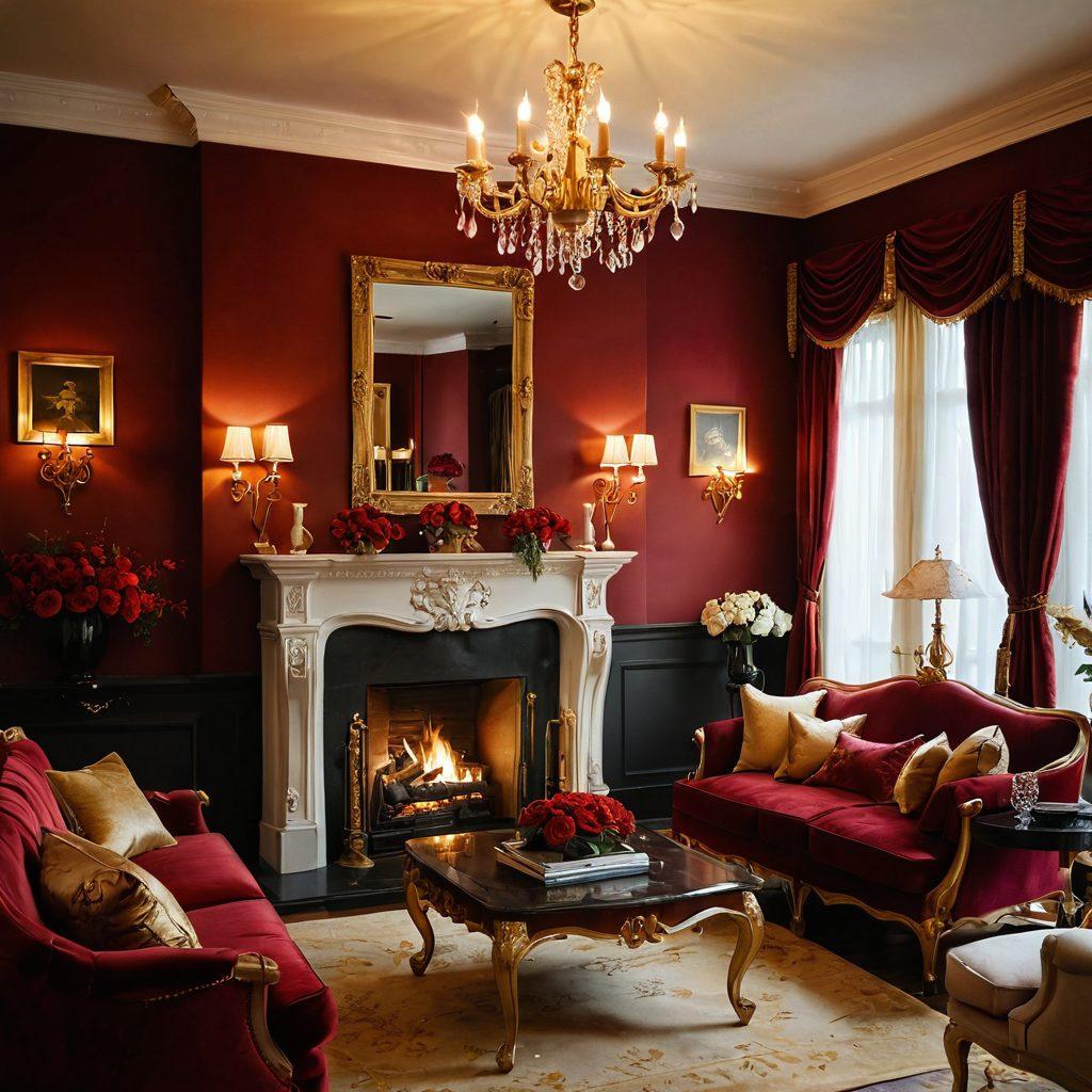 A beautifully decorated living room that radiates warmth and romance, featuring plush velvet sofas, soft lighting from elegant lamps, and lush floral arrangements. Incorporate touches of passion with deep red and gold accents, alongside a cozy fireplace. The overall atmosphere should evoke a sense of intimacy and style, inviting viewers to imagine their own romantic spaces. super-realistic. vibrant colors. warm lighting.
